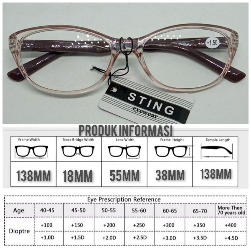 Kacamata baca plus anti radiasi frame cateye uk+1.00/3.00 gratis kotak