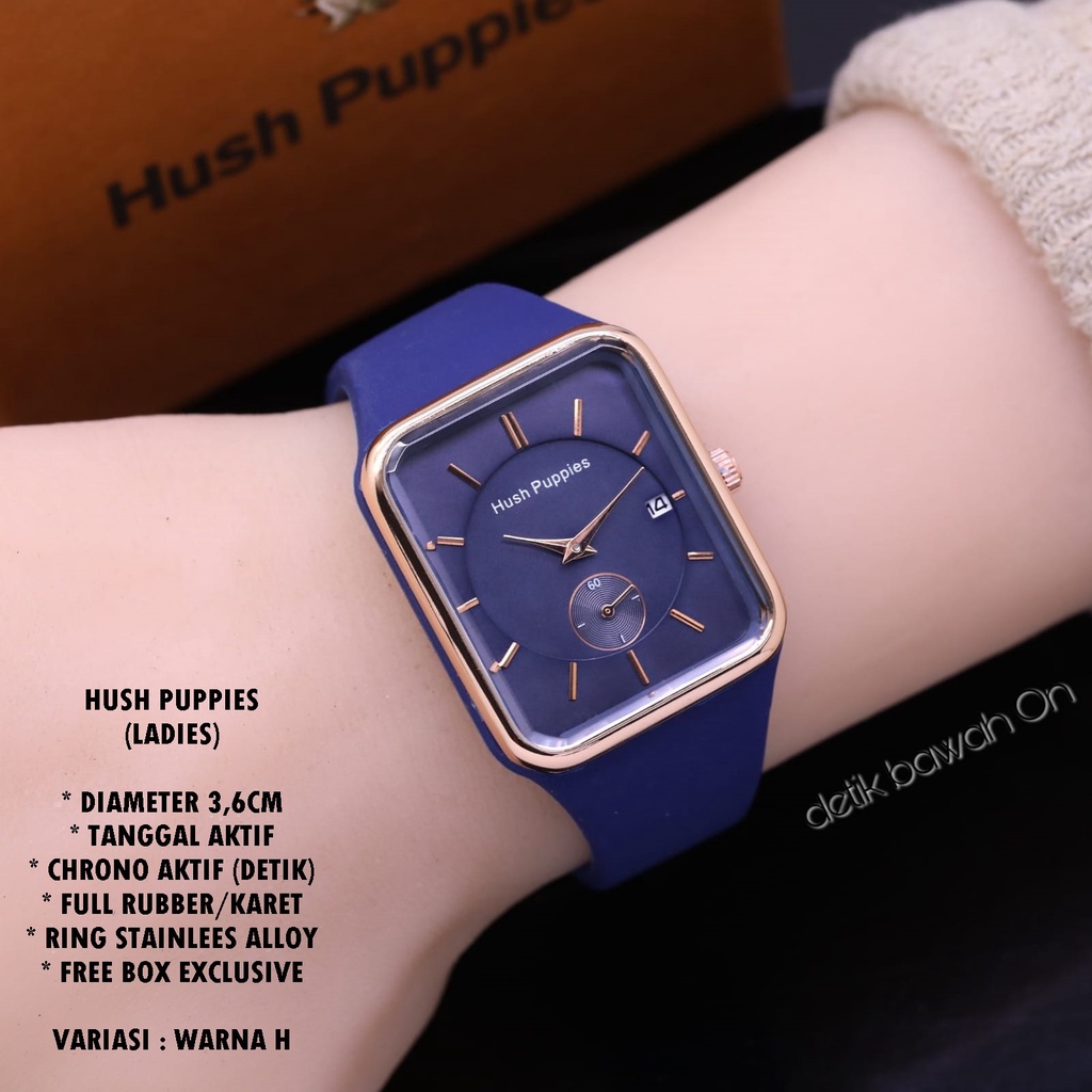 JAM TANGAN WANITA HUSH PUPPIES TALI RUBBER BODY SEGI  TANGGAL &amp; CHRONO AKTIF