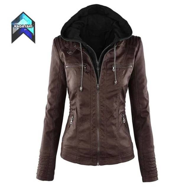 Jaket kulit sintetis wanita / jaket semi kulit hoodie / jaket murah /  fashion wanita-4