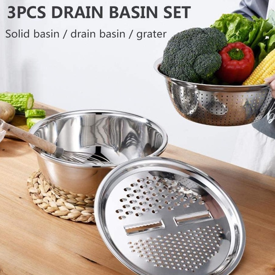 Baskom  Stainless 3 in 1 Parutan Baskom Saringan Cuci Sayur Stainless (3pcs)