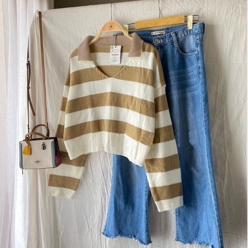 Sweater Rajut Wanita Atasan Crop Top Blaster Stripe