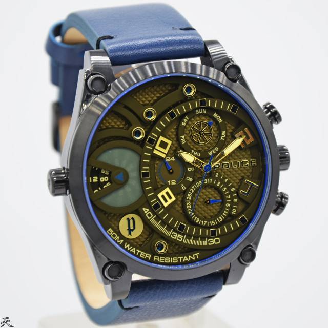 Jam Tangan Pria Police 15381JS Dual Time Leather Kulit Original Murah