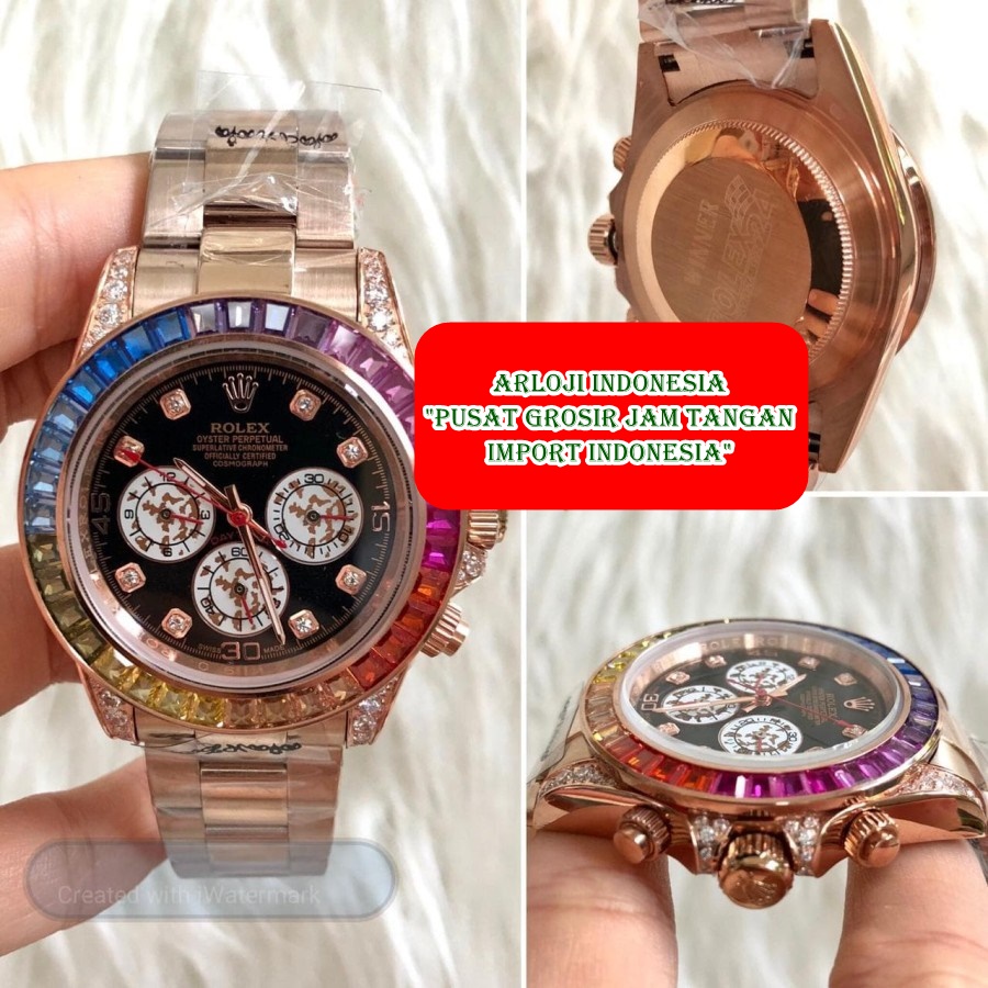 New Jam Tangan Pria ROLEX Daytona Rainbow Matic RoseGold Garansi 1th