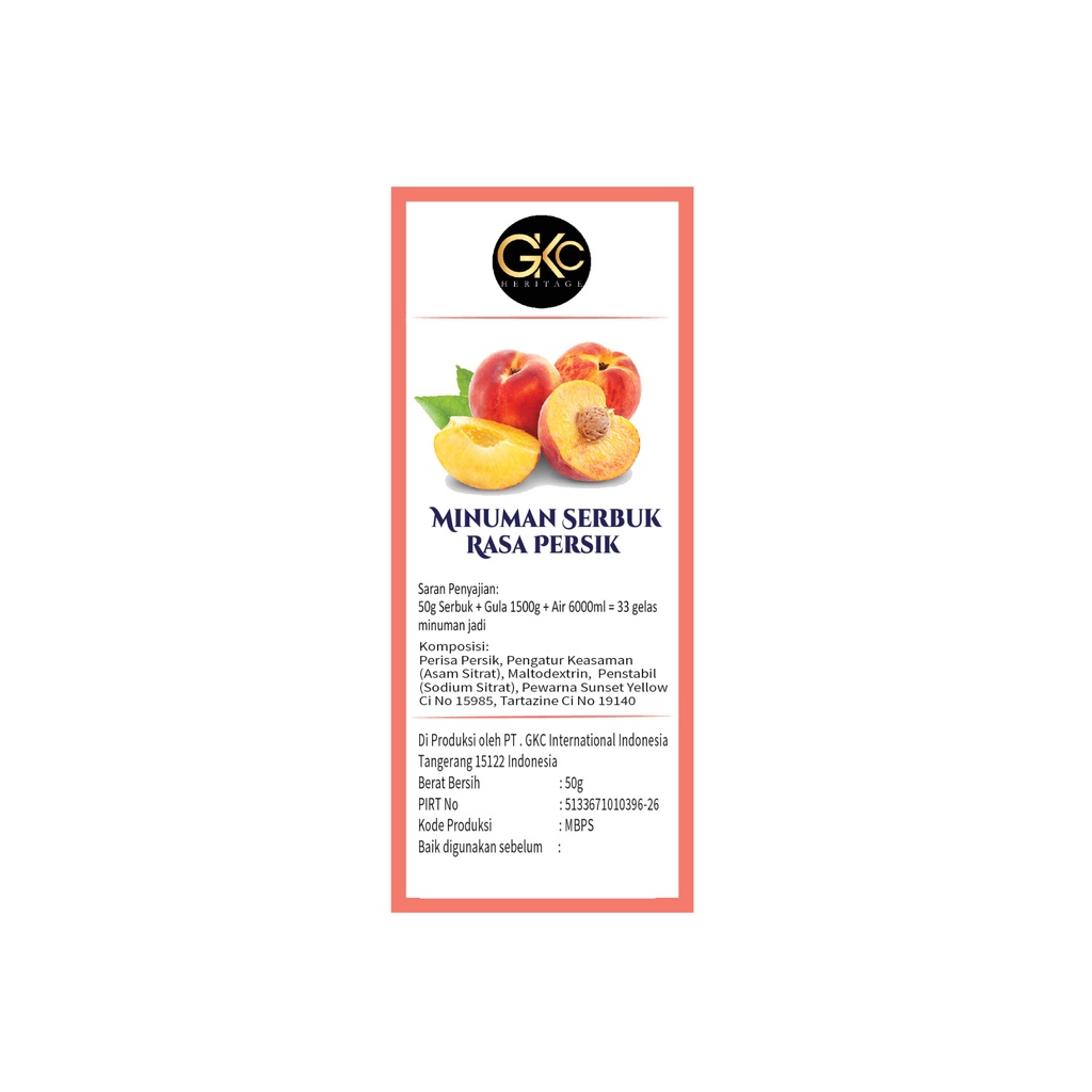 Bubuk Sirup Peach / Persik Powder Syrup Serbuk Minuman Powder Drink GKC Heritage Konsentrat 50 gram