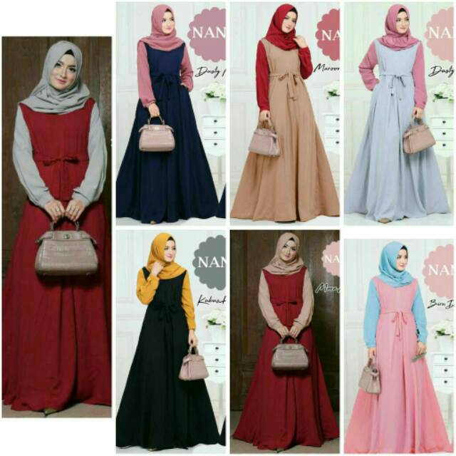 Nana Syari Setelan Gamis Dress Muslimah Modern Warna Dusty Navy Abu Maroon Kubus Mustard Dusty Abu