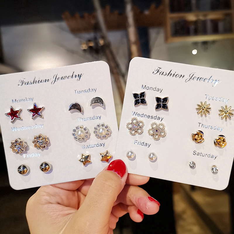 [ 6 Pairs Korean One-week Earrings Set ] [ Women INS Style Elegant Stud Earring Set ] [ Girls Minimalist Ear Jewelry ]