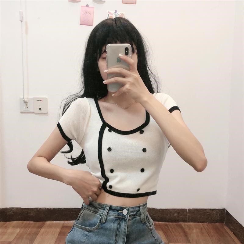 VS - Korean Collar Crop Top Button JENNIE Black Pink Rib