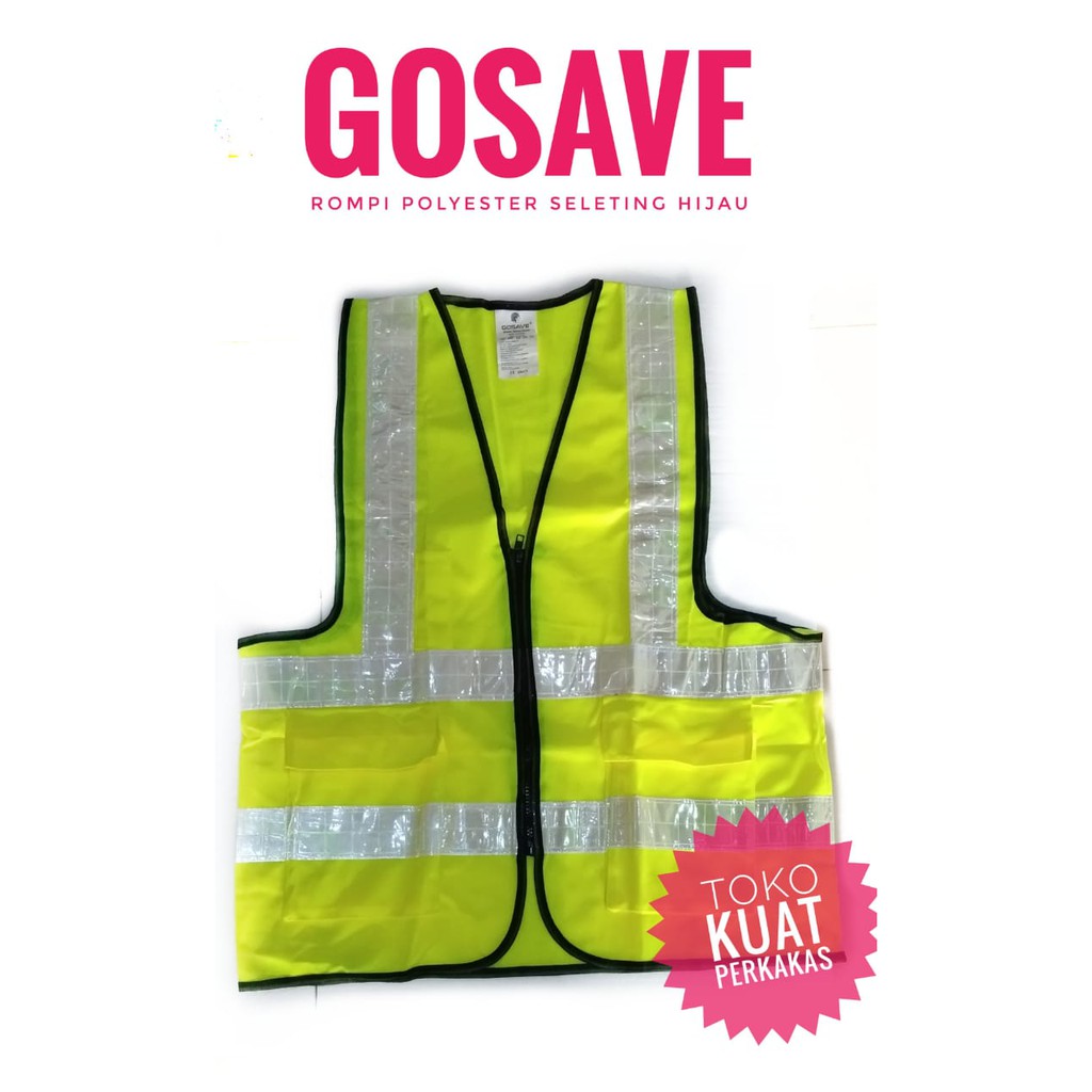 GOSAVE rompi safety proyek jalan polyester seleting kantong hijau
