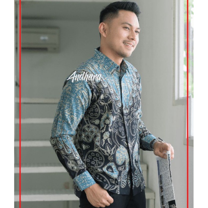 Kemeja Baju Batik Pria Cowok Lengan Panjang Slimfit Kasual Premium PERISAI BIRU 39