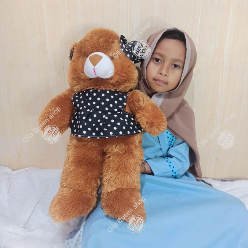 Boneka Teddy bear topi baju polkadot TANGGUNG 60cm