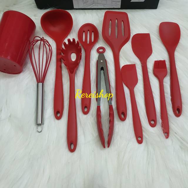 silicone kitchen cooking spatula utensil set 10 with holder / alat masak sutil spatula whisk tongs