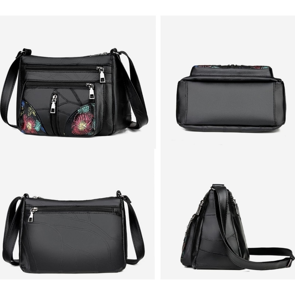 TAS SELEMPANG WANITA 4 RESLETING MOTIF BUNGA KULIT HITAM COBETA TA488B5 SHOULDER SLINGBAG IMPORT PREMIUM KOREA CEWEK MURAH SIMPLE REMAJA KEKINIAN