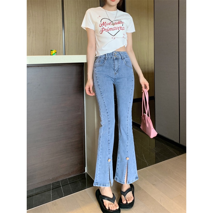 Celana Jeans Berkobar Gaya Korea Wanita Musim Panas Pinggang Tinggi Jeans Slim Celah Lebar Kaki Cela