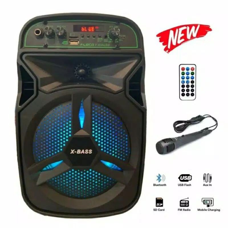 Speaker Bluetooth karaoke Portabel FLECO F63 LED free mic ukuran 6.5"