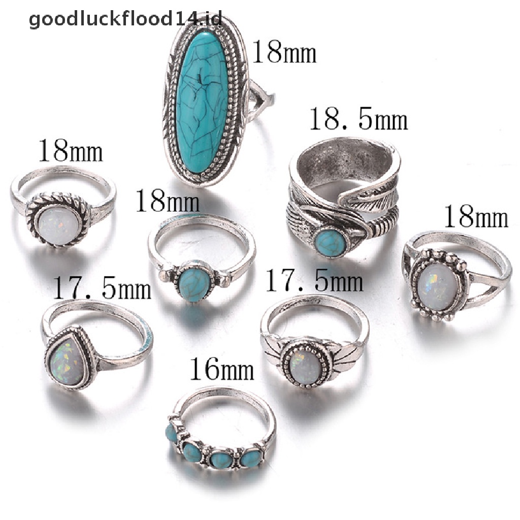 [OOID] 8PCS/Set Bohemian Women Silver Turquoise Finger Rings Opal  Rings Wedding Gift ID