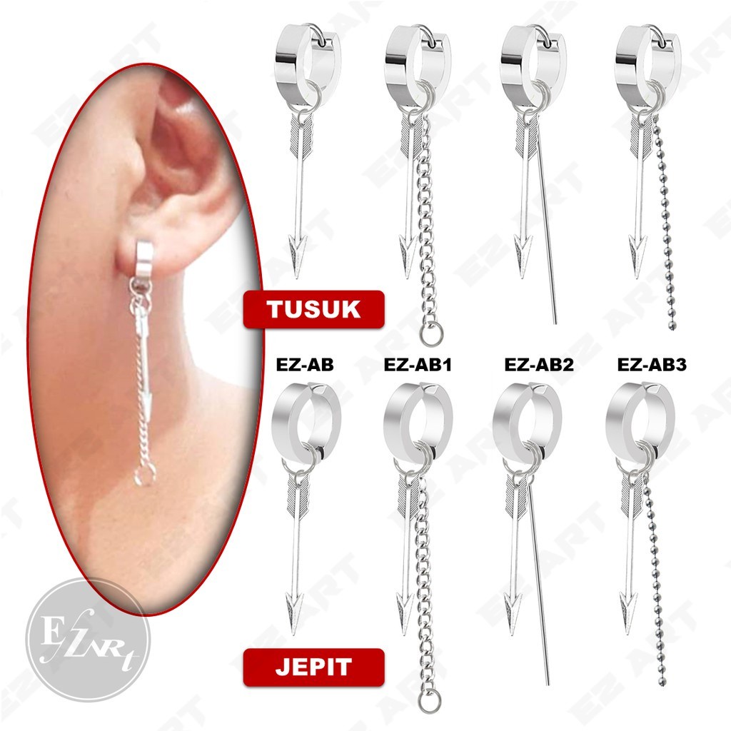 1Pc Model EZ-AB Silver Anting Jepit Tusuk Variasi Bandul Gaya Punk Korea KPOP Stainless Steel