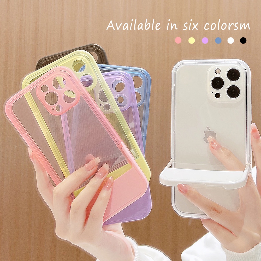 Soft Case TPU Transparan Warna Polos Dengan Holder Pelindung Invisible Untuk Iphone 7 8 PLUS XR XS 11 12 13 PRO MAX SE 2020