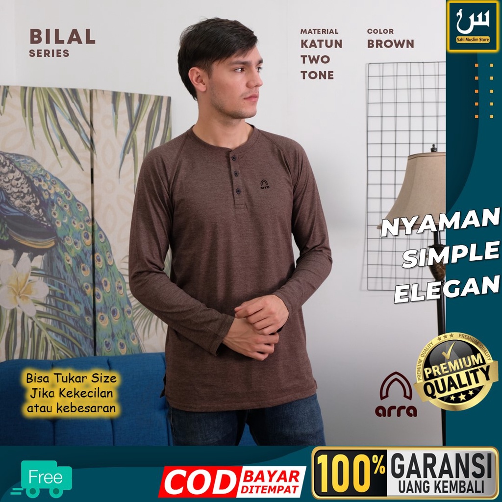 Baju Atasan Kaos Koko Santai Casual Tangan Lengan Panjang Premium Remaja Pria Cowok Dewasa Warna Coklat Cotton Katun Twotone Original Arra Bilal Series