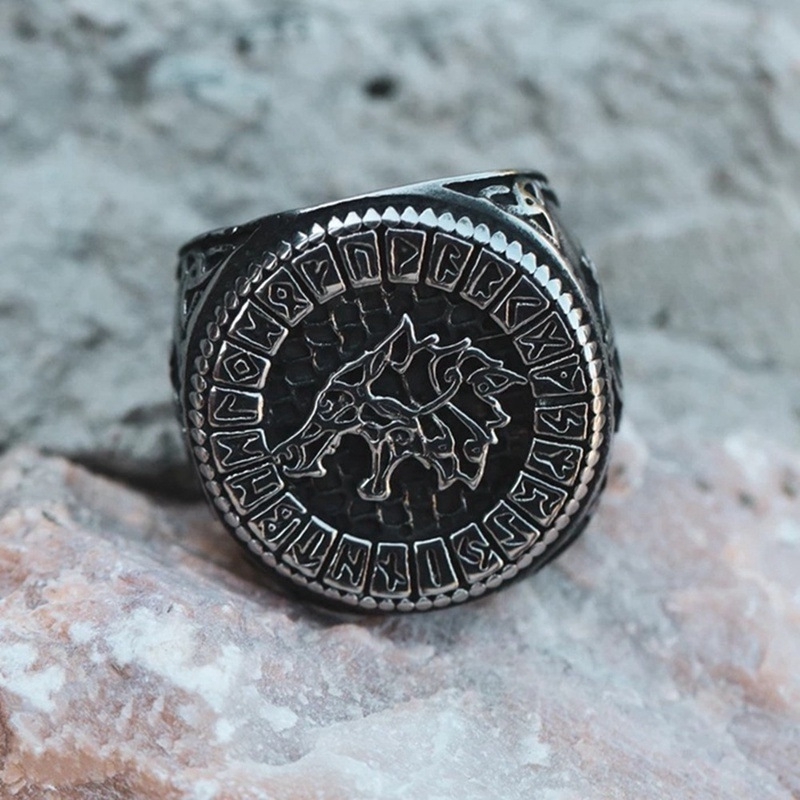 Perhiasan Cincin Bahan Alloy Model Viking Rune Wolf Rune Gaya Retro Untuk Pria