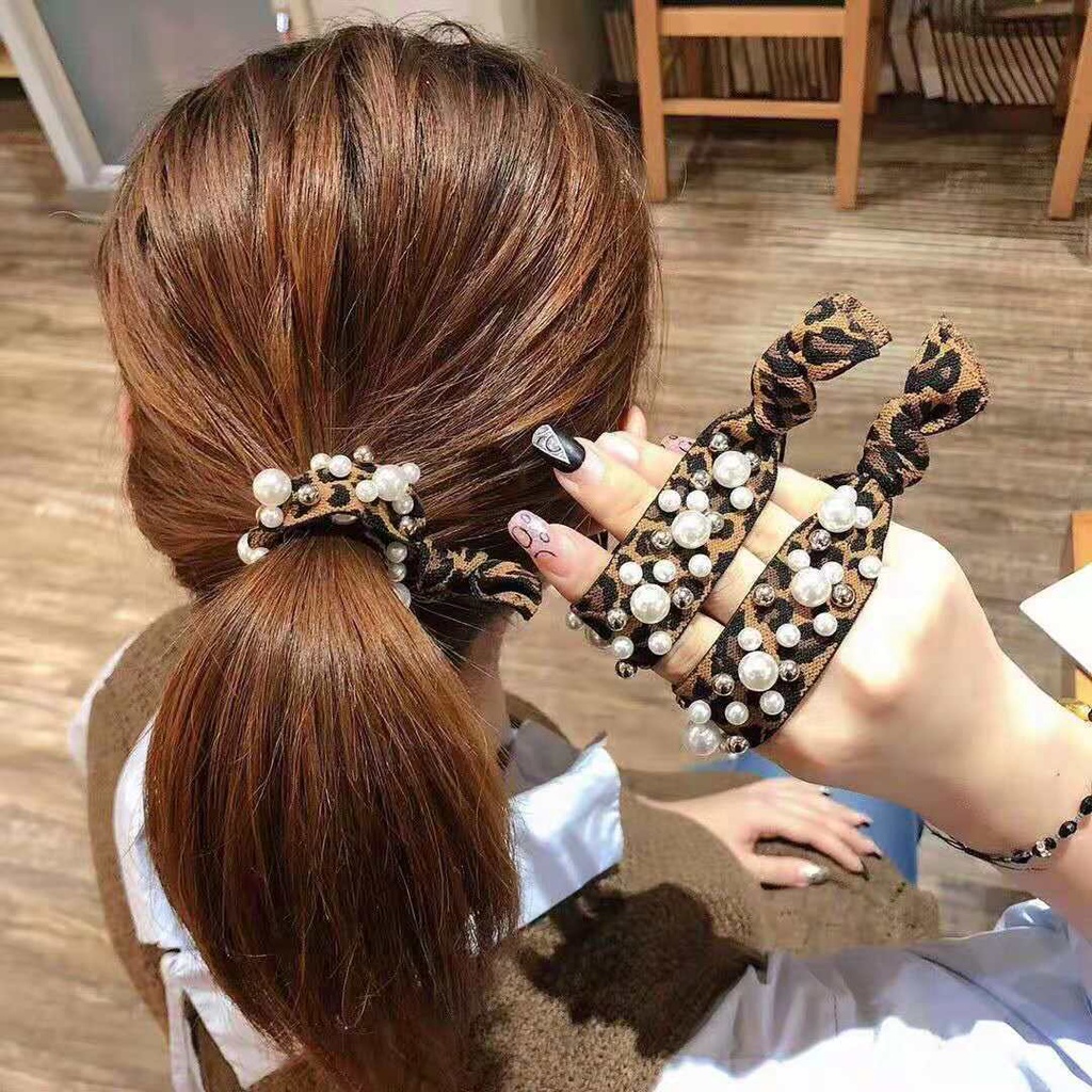 Ikat Rambut Korea Mutiara Leopard Rainbow Mewah Import / Ikat Rambut Elastis Mutiara