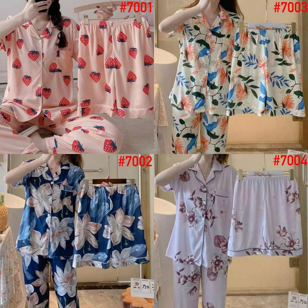 Piyama Baju Tidur Wanita CP 3in1 Leisure Wear Import Fashion Kerah Kancing Lengan Pendek