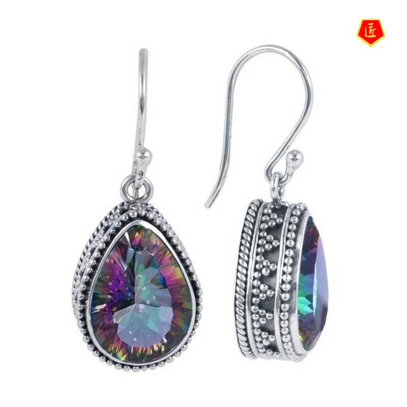 [Ready Stock]S925 Silver Vintage Rainbow Color Topaz Earrings