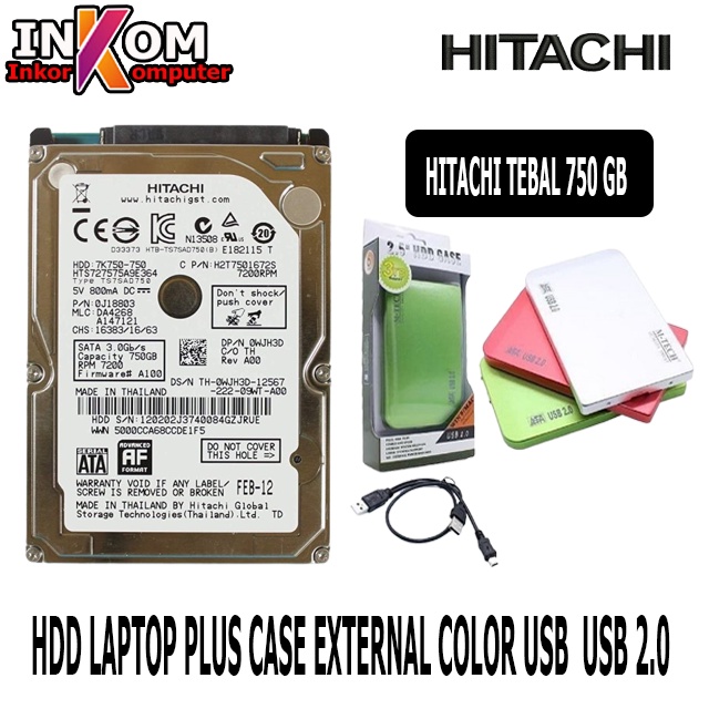 Hardisk Internal Laptop 750GB Sata Hitachi Plus Case USB Color