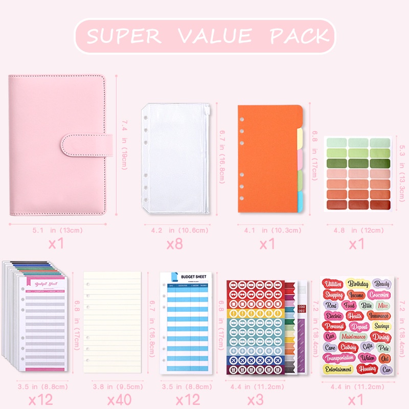 A6 Budget Binder Deluxe Set PU Leather Planner Notebook Ritsleting Folder Penyimpanan Uang Tunai Tagihan Amplop Money Organizer