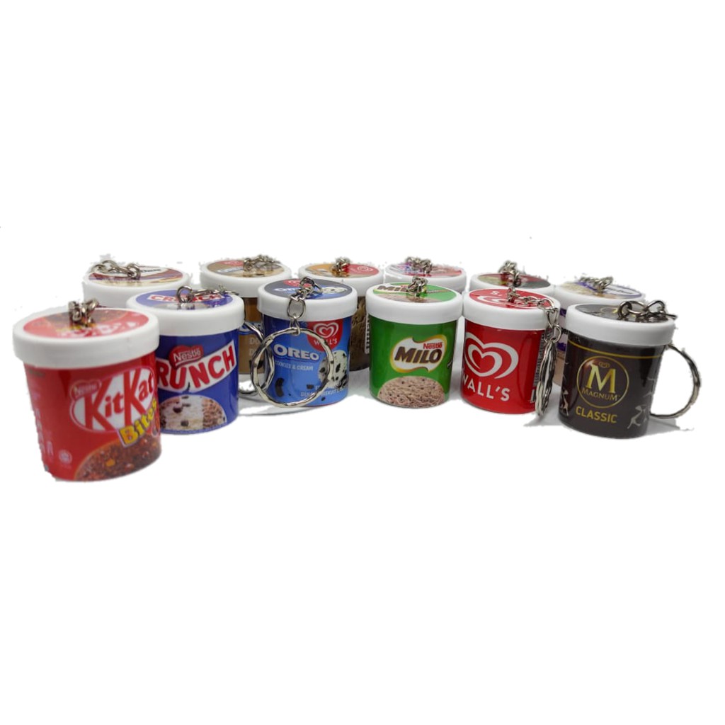Gantungan Kunci Miniatur Ice Cream Cup, BOBA, Eskrim, makanan kaleng, Susu dll