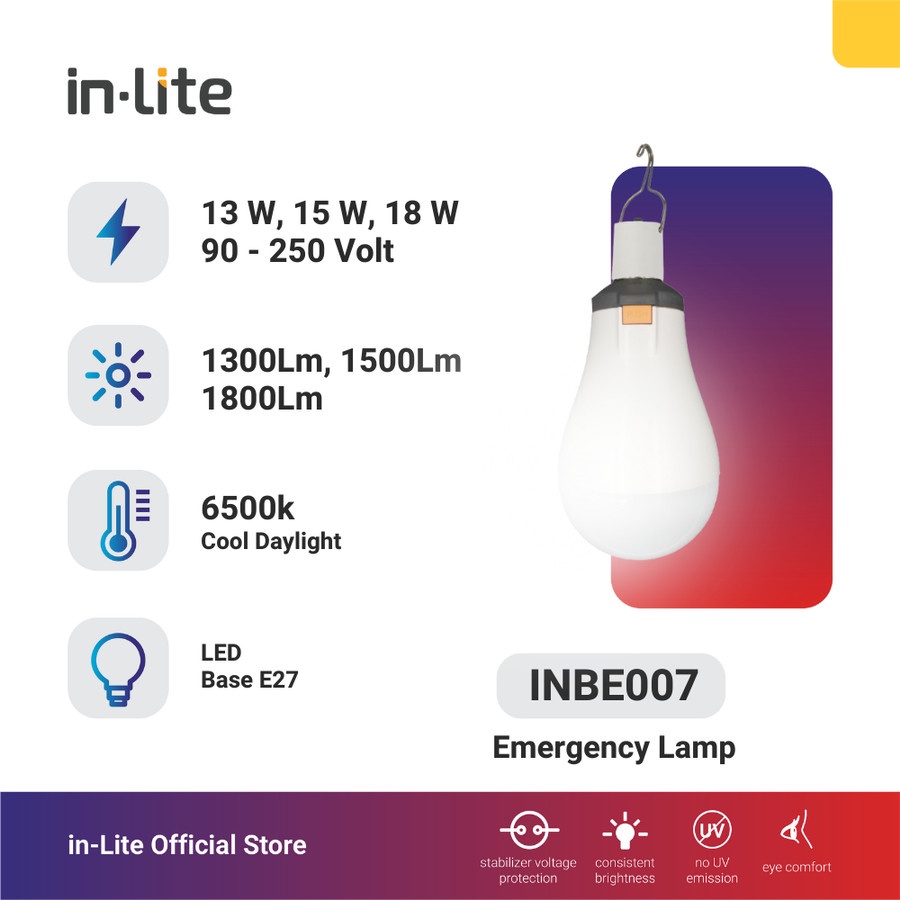 INLITE LED LAMPU BOHLAM EMERGENCY 18 WATT + HANGER + BATTERY