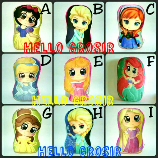 Bantal Boneka Princess Snow White Elsa Anna Cinderella Aurora Ariel Mermaid Belle Frozen Rapunzel 3D