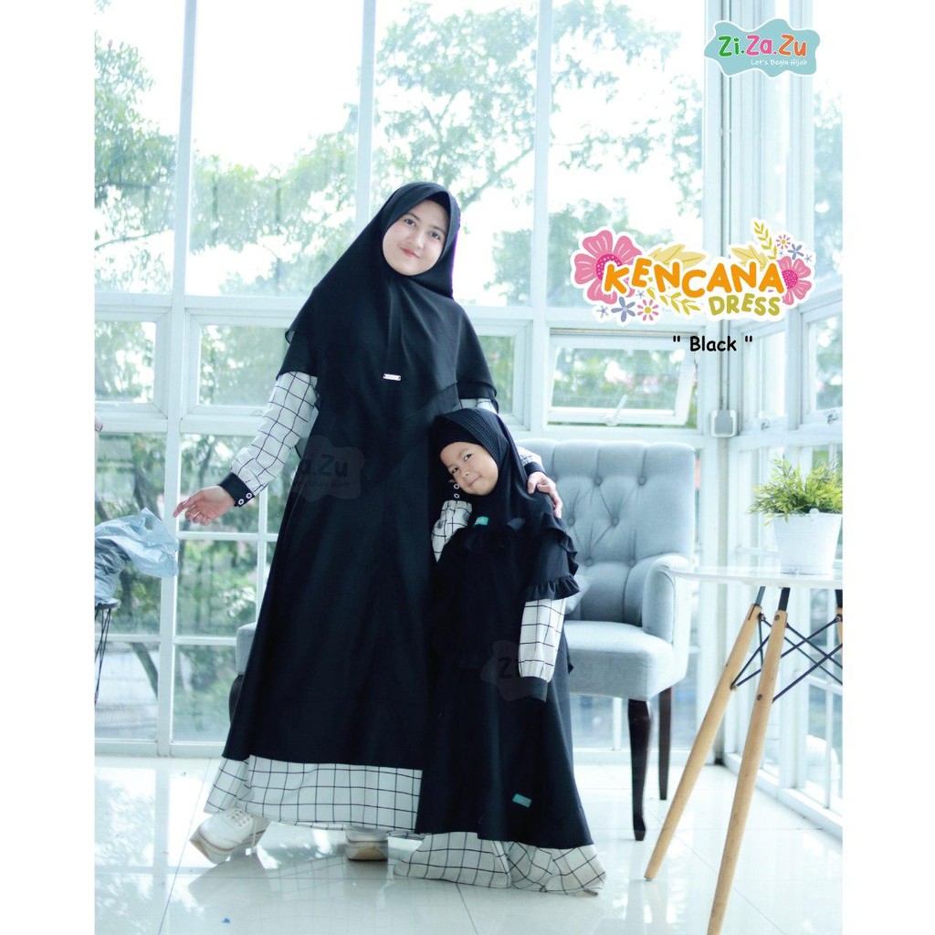 Gamis Couple Ibu Anak Muslimah Syari KENCANA TOYOBO Sarimbit Hitam Putih by ZIZAZU Wanoja Hijab