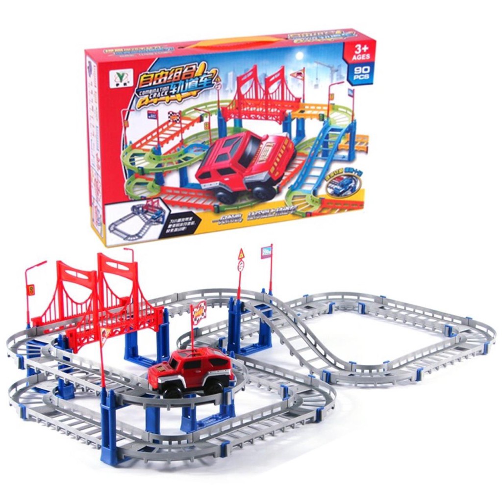 [ Funny ] 90Pcs Mainan Anak Edukasi Track Mobil / Mainan Jalur Kereta Api Bisa Bongkar Pasang-Abu - abu