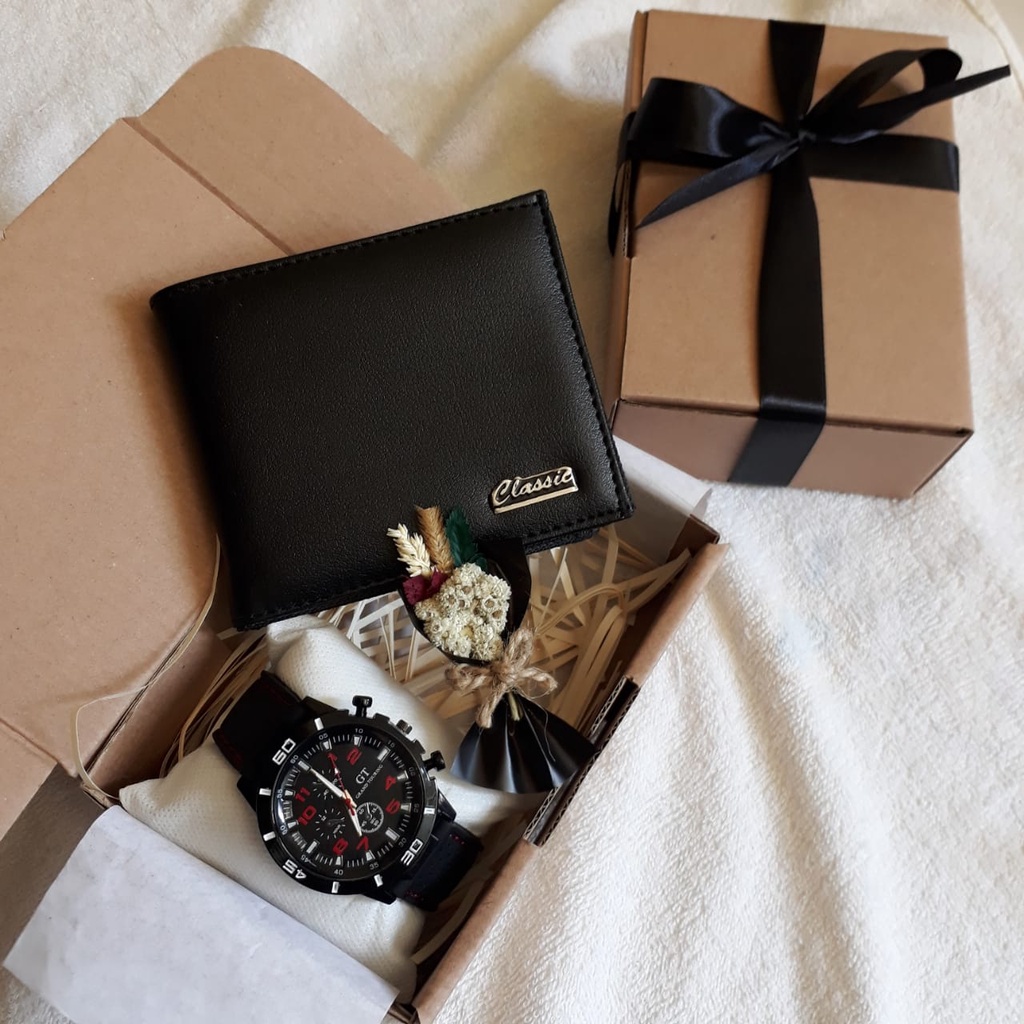 ❤️(PAKET E) GIFTBOX HAMPERS JAM TANGAN COWOK PRIA KADO ULANG TAHUN WISUDA (black series full hitam)