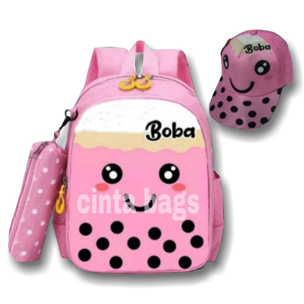 Tas Ransel Sekolah Anak Perempuan TK SD Karakter Boba Bubble Drink Murah + Topi Boba