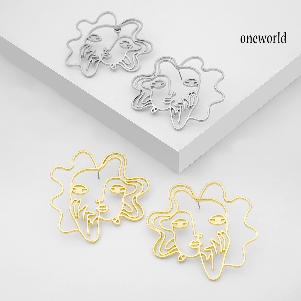 OW@ Creative Women Hollow Abstract Face Charm Statement Stud Earrings Party Jewelry