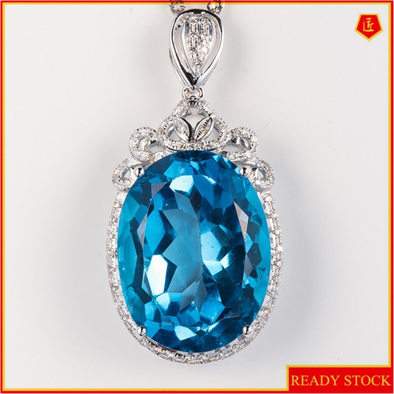 [Ready Stock]Fashion New Inlaid Blue Gem Pendant Silver Plated Necklace