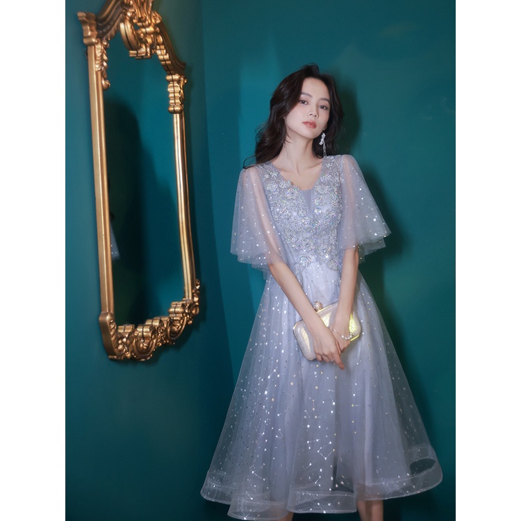Gaun Pesta 2201002 Big Size Abu Silver Lengan SIku Party Dress Gown