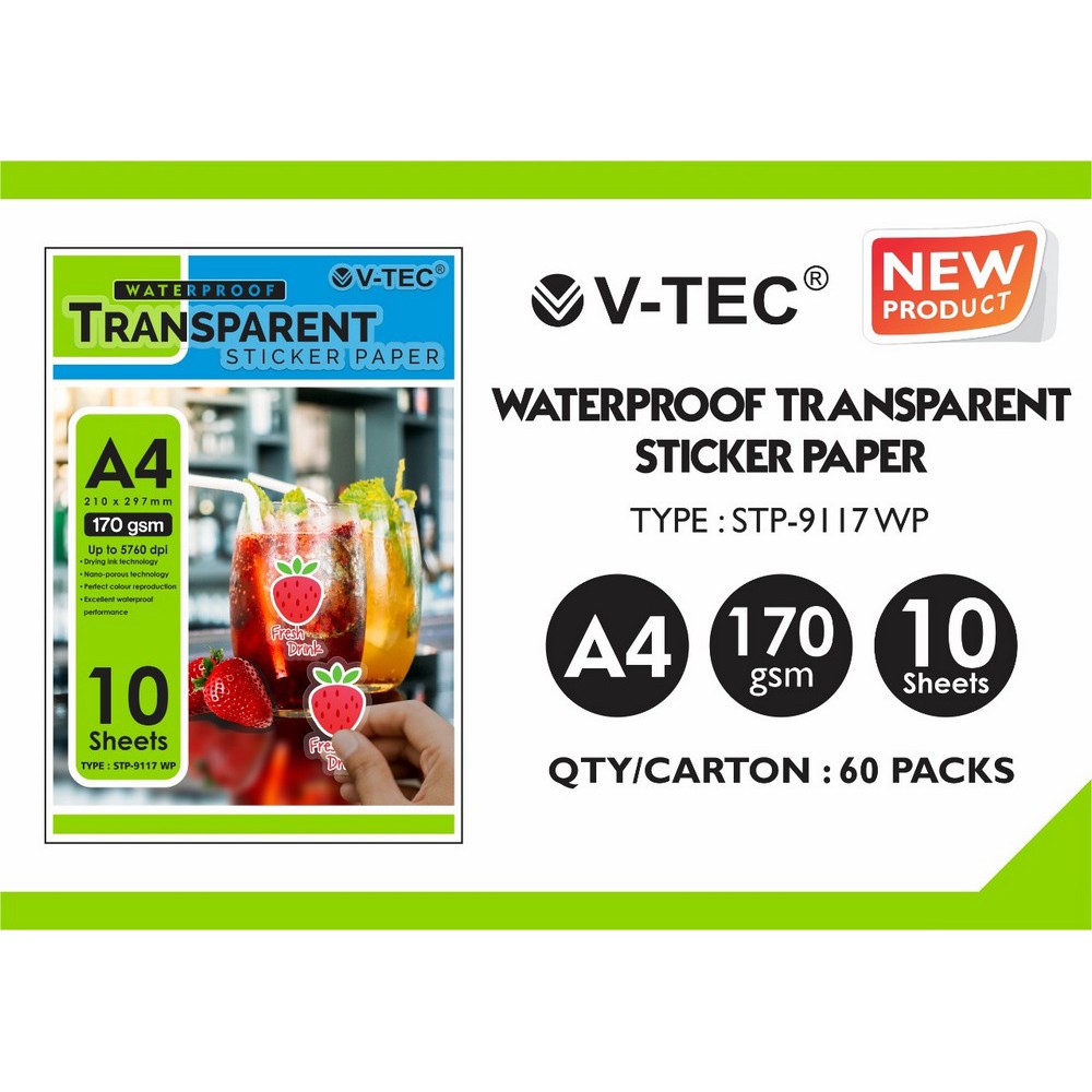Photopaper - V-Tec Waterproof Transparent Sticker A4 170 Gsm - V-Tec STP-9117 - Kertas Foto Sticker