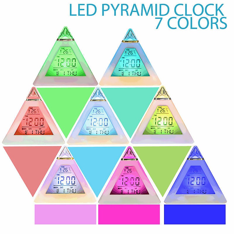 [7 LED Color Change Battery Operated Digital Alarm Clock With Night Light, Dimmer, Sleep Timer] [Electric Triangle Pyramid Clocks for Bedroom, Bedside, Desk, Table]