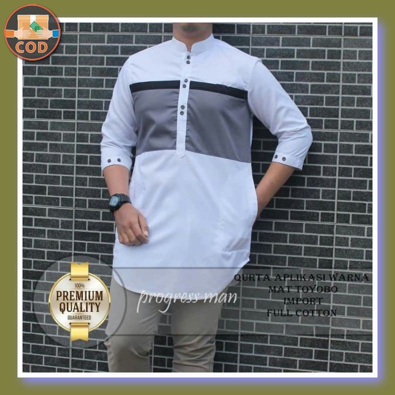 Baju Koko Gamis Pria Keren Muslim Zayidan Bahri  Dewasa Lengan Gr SQ675 Koko Tone Teguh - Putih