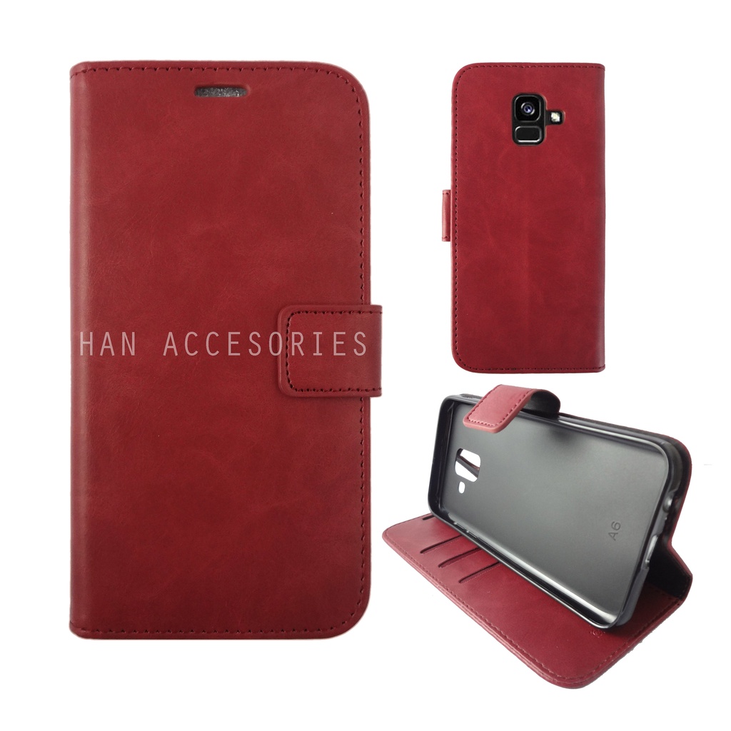 (PAKET HEMAT) Fashion Selular Flip Leather Case Samsung Galaxy A8 2018 Flip Cover Wallet Case Flip Case + Nero Temperred Glass