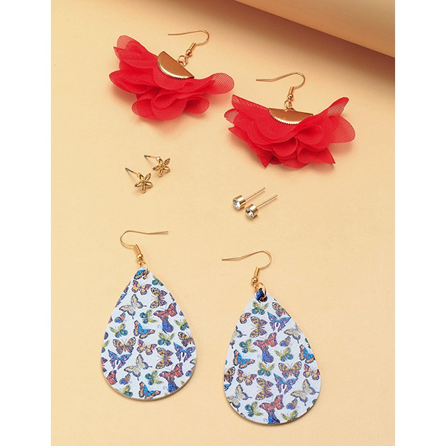 LRC Anting Set Fashion Color Mixing Pu Mesh Flower Pearl Earring Set K27003