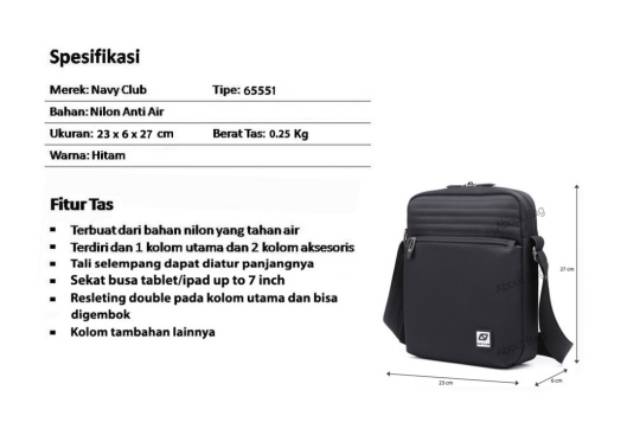 Navy Club Tas Selempang Waterproof/Tahan Air Tablet Ipad Tahan Air 65551