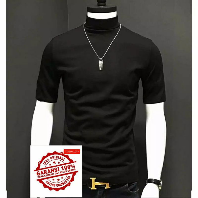 Kaos polos leher turtleneck kaos pria korea kaos lengan pendek leher tinggi kaos