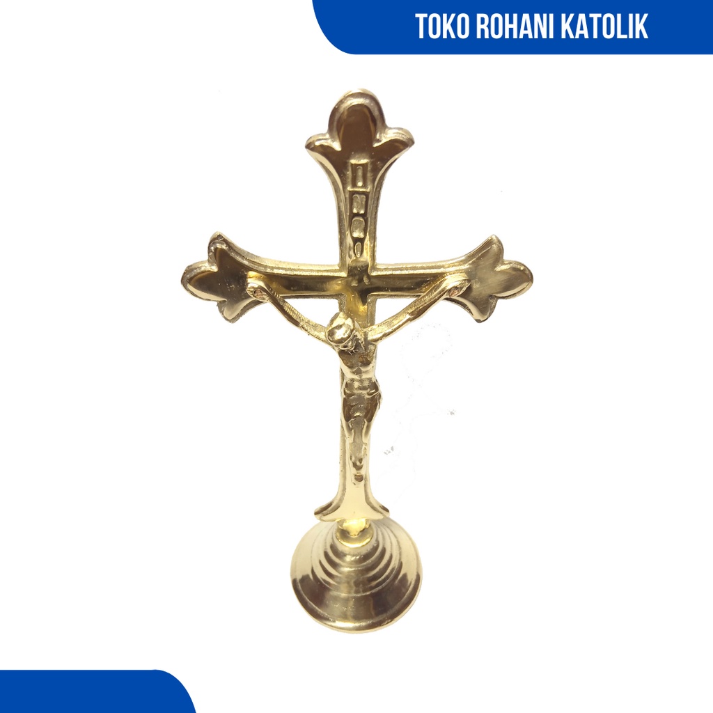 SALIB DUDUK KATOLIK 25 CM / SALIB ALTAR KUNINGAN / SALIB MEJA KATOLIK