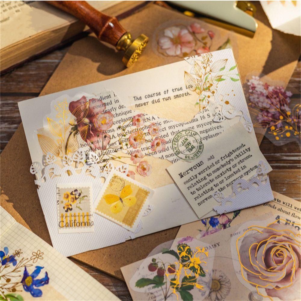 Mxbeauty Stiker Bunga 30pcs/Pack Stationery Golden Outline Transparan Warna Warni Bahan Scrapbooking Stiker