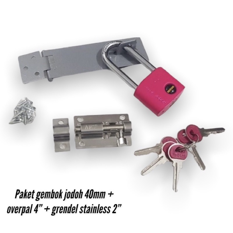 Paket gembok jodoh 40mm + overpal 4” + grendel slot stainless 2”