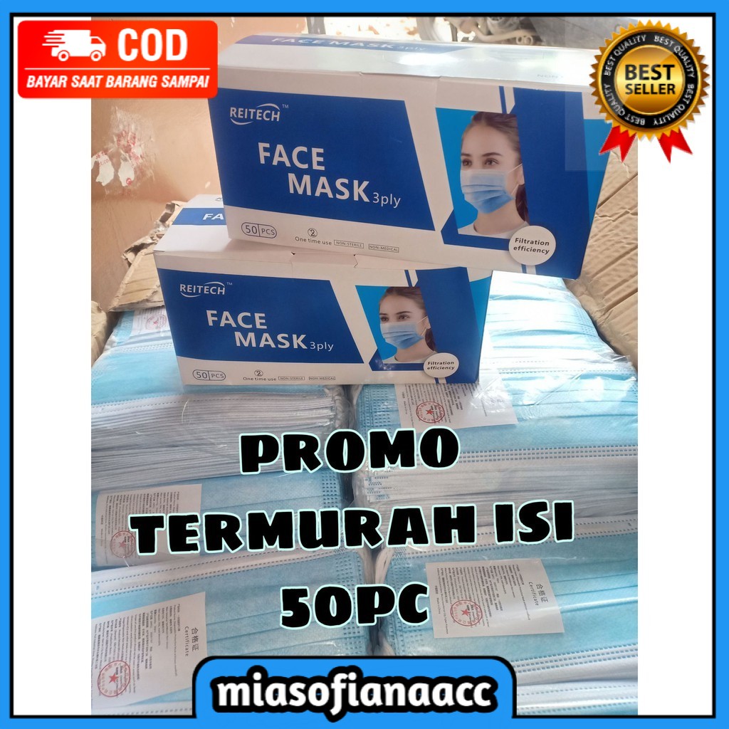 (COD) Masker Medical Reitech 3Ply Isi 50 Pcs / Masker REITECH 3 Ply Biru Disposable Face Mask