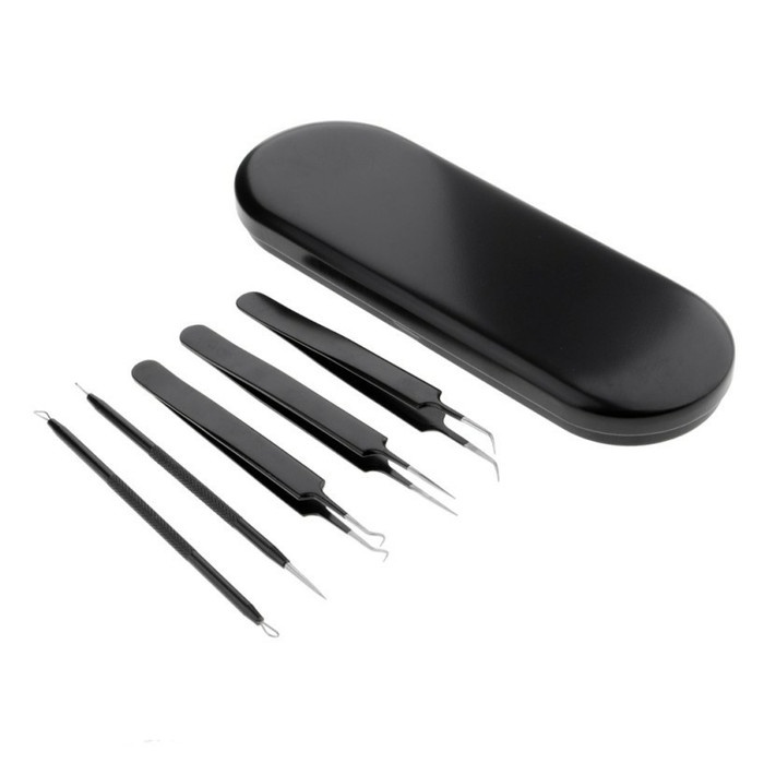 komedopinset- pinset jerawat komedo hitam dan silver set bahan stainless steel - black -pinset-